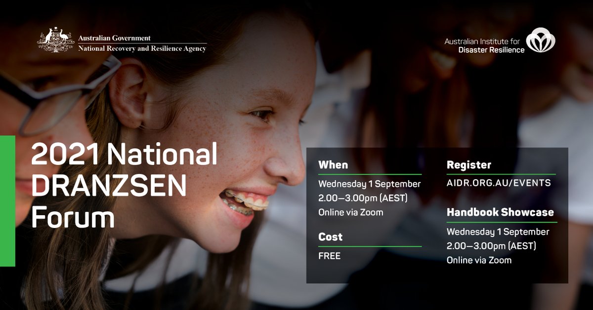 AIDR_News's tweet photo. The National DRANZSEN Forum brings together representatives from education and emergency services, NGOs, universities, local government and community groups to explore disaster resilience education. Join us online on 1 September for the 2021 forum: https://t.co/qNv1oTbvle https://t.co/fWHOEZZfmp