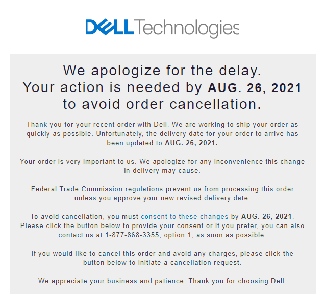 inaflashlaser's tweet photo. Seriously @dell?  "Your order has been delayed again. We expected this to happen but to keep the FTC from getting mad at us please sign this waiver to keep your order from being cancelled."  The waiver also had a checkbox to allow further delays without a new waiver!  Nope! https://t.co/mY4gbLwcYE
