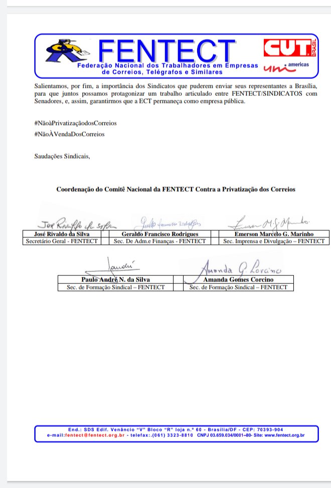 HelioSamuel5's tweet photo. INFORME COMITÊ CONTRA A PRIVATIZAÇÃO DOS CORREIOS

Nossos camaradas têm procurado dialogar com senadores de várias tendências. 

Vamos fazer nossa parte, ligando, enviando mensagens aos senadores catarinenses.

#Fentect 
#cutsc 
#vempraluta
#sintectgestao20212024 https://t.co/Vt8gveNG8a