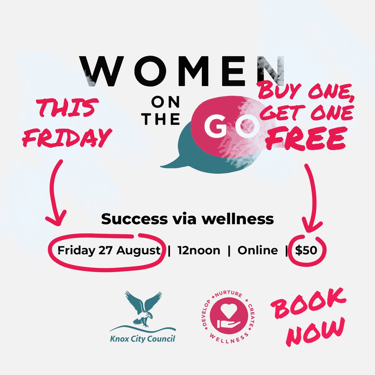 🔓 🔓 UNLOCKED: Buy one, get one ticket free for Women on the Go!

Hosted by Knox City Council, this online event features guest speakers, networking opportunities and inspiring stories from local women in business.

Bookings close 5pm Thursday 26 August.

knoxbiz.com.au/wotg