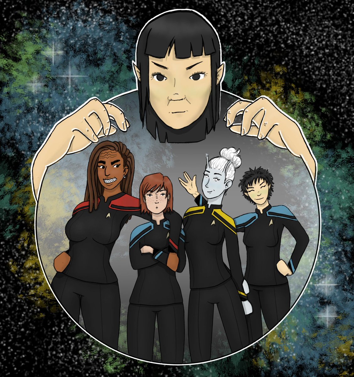 We got this AMAZING art from friend of the pod @mizayo_ today over subspace (aka our Discord server), and we are over the MOON! 😍 I think they really captured all of us pretty dang well. Thank you! 💙🖖💙