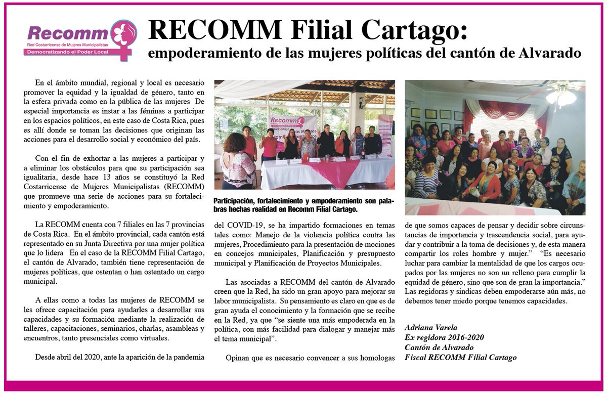 RECOMM Filial Cartago: empoderamiento de las mujeres políticas del cantón de Alvarado

En el ámbito mundial, regional y local es necesario promover la equidad y la igualdad de género, tanto en la esfera privada como en la pública de las mujeres.