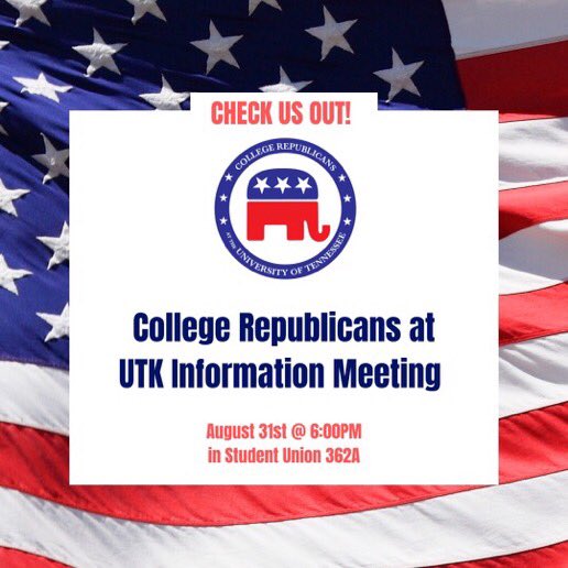 Join <a href="/GOPatUTK/">College Republicans at UTK</a> next Tuesday at 6 in Student Union 362A for their first meeting of the semester! Their Executive Board will be discussing their plans for the semester and what CRs is all about. Hope to see you there! 🇺🇸