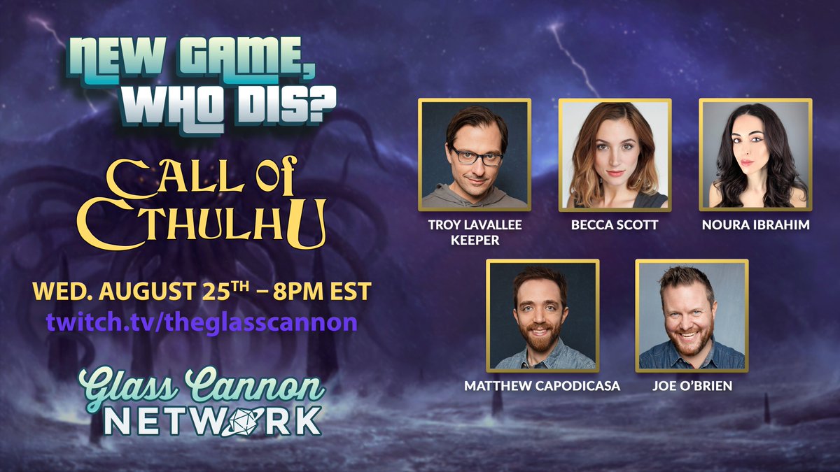 Chaosium_Inc's tweet photo. Tomorrow night, @glasscannonpod is playing Call of Cthulhu with an absolutely stellar cast! 

Be sure to tell your friends, and follow them on twitch to catch them live and never miss an update! 

https://t.co/0H6AZwYODO https://t.co/BZGsdBxNxr