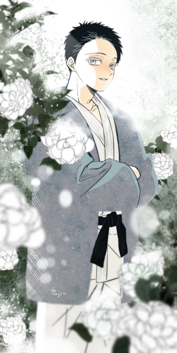 1boy male focus solo black hair japanese clothes flower crossed arms  illustration images