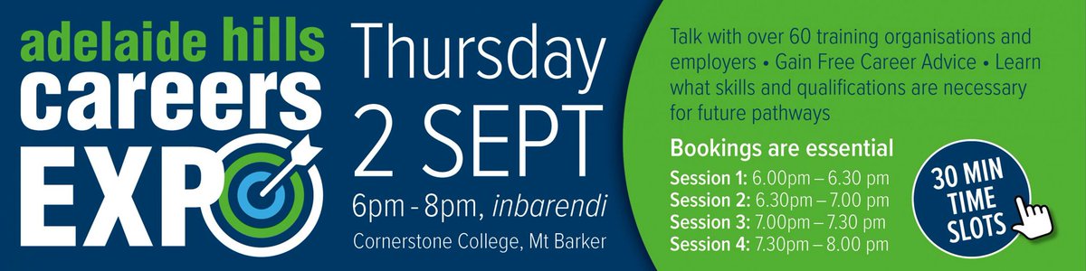 EmployOptions's tweet image. Hey guys, been a while, right?
Well, we’re here today to bring you good news – Adelaide Hills Careers Expo is BACK ON next week – What a silver lining!!
Sep 2 (next Thu), Cornerstone College.
Ready or not, just pop over and let’s talk! 
#EveryoneDeservesAWorkingFuture