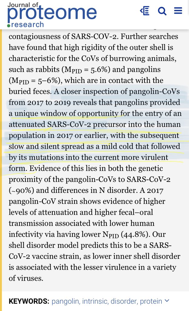 Shell Disorder Analysis Suggests That Pangolins Offered a Window for a Silent Spread of an Attenuated SARS-CoV-2 Precursor among Humans

8/13/2020

“precursor..human population in 2017 or earlier, w/subsequent slow & silent spread..”

pubs.acs.org/doi/10.1021/ac…

H/T @Brandon75311349