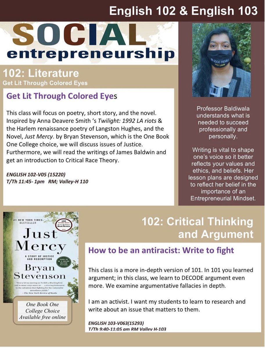 LAVCASU's tweet photo. 💛Professor Baldiwala is offering two IGETC English courses this Fall 2021 Semester💛
-ENG 102 Tuesday &amp; Thursday from 11:45AM to 1PM PST (Campus Valley-H 110) section #15220
-ENG 103 Tuesday &amp; Thursday from 9:40AM to 11:05 AM PST (Campus Valley H-103) section #15293 https://t.co/RzlpoFl3K7