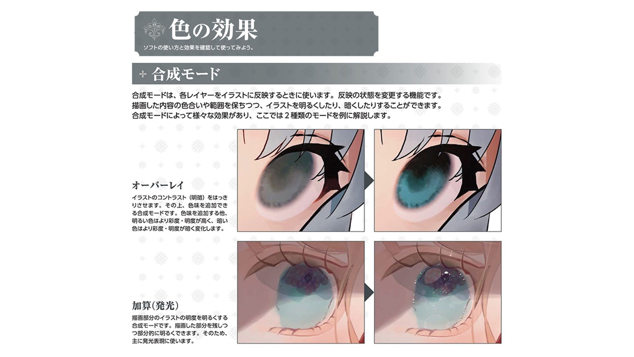 玄光社 超描けるシリーズ 超描ネタ帳 合成モードは 各レイヤーをイラストに反映するときに使います 反映の状態を変更する機能です 描画した内容の色合いや範囲を保ちつつ イラスト明るくしたり 暗くしたりすることができます きらめく瞳の描き