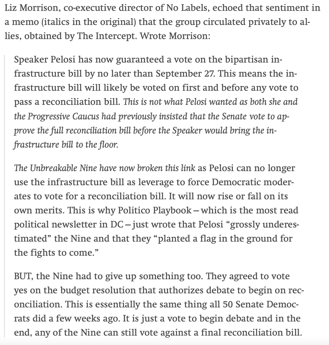 ryangrim's tweet photo. NEW: No Labels, according to a memo we obtained, is now acknowledging to allies their goal was to target the reconciliation package (not extreme enthusiasm for rapidly passing infrastructure money). https://t.co/xTK0kGXTr5 https://t.co/orHIqr0iIl