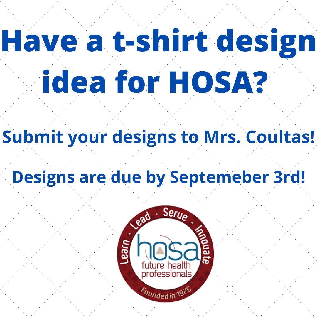 BsshsHosa's tweet photo. We’re looking for creative members to help design our HOSA t- shirt for this year! If that’s you, get your designs submitted!! https://t.co/sUJlBMw8tr
