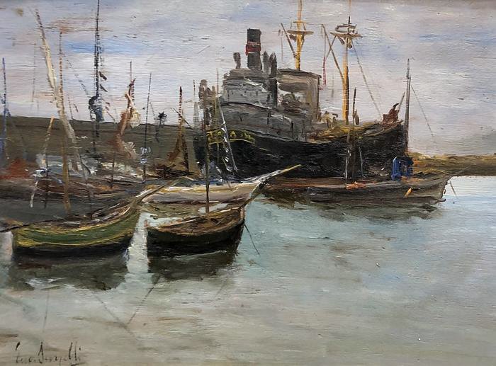 Eugenio Scorzelli
1890 - 1958
Italian Realist painter of portraits, figures, landscapes, genre scenes and city views
'Porto con Barche'
Oil on panel, cm 33.5 x 41.5