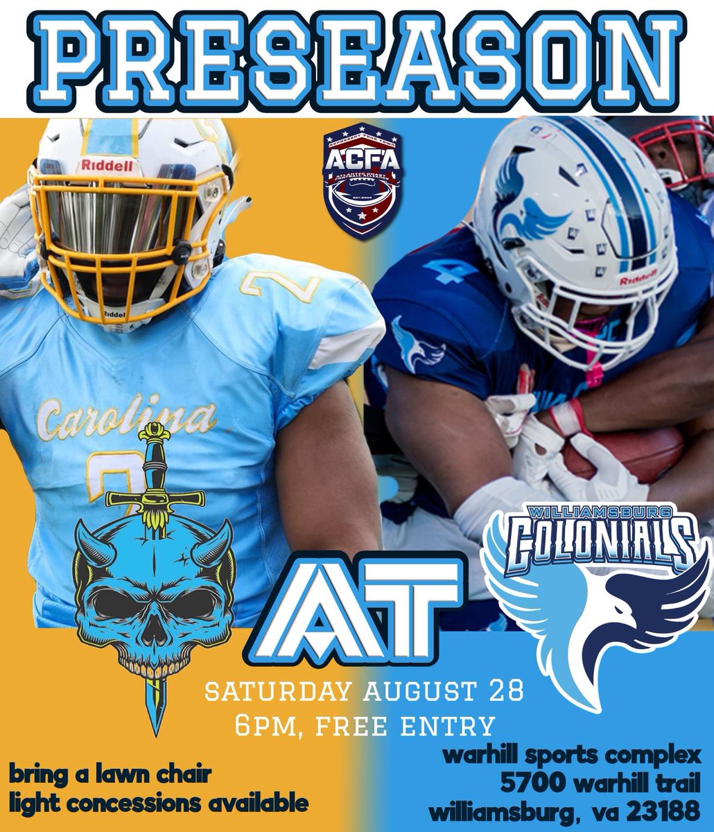 WColonials's tweet photo. Colonials Fans! Come out and check out your HOMETOWN WILLIAMSBURG COLONIALS in their only preseason action of the season against the Carolina Punishers this Saturday at 6pm at Warhill Sports Complex! Free admission, but bring a lawn chair! There will be limited concessions! https://t.co/DpqCyUu1lQ