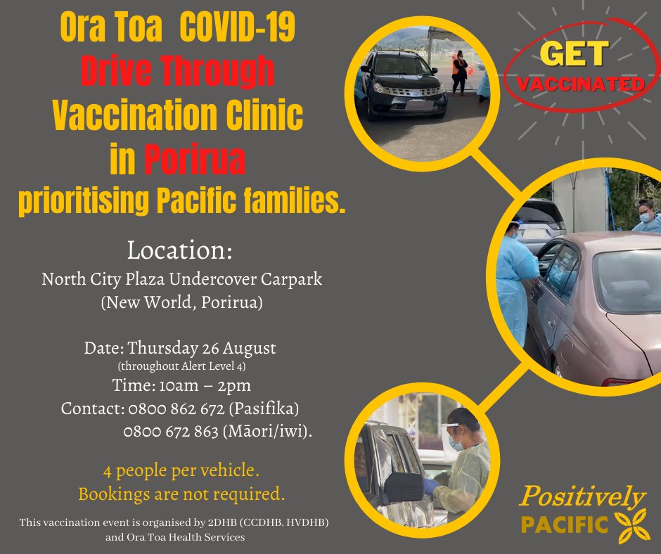 Heads up for all our Pacific families! 🙋🏽‍♂

Drive through vaccination Clinic open to ALL Pacific ‘family bubbles’ aged 12 and above 👨🏽‍👨🏽‍👧🏽‍👦🏽

⏱When: Thursday, 26th August 10 am – 2 pm
🤷Where: Porirua, New World underground carpark, North City Plaza

No Booking required 👍