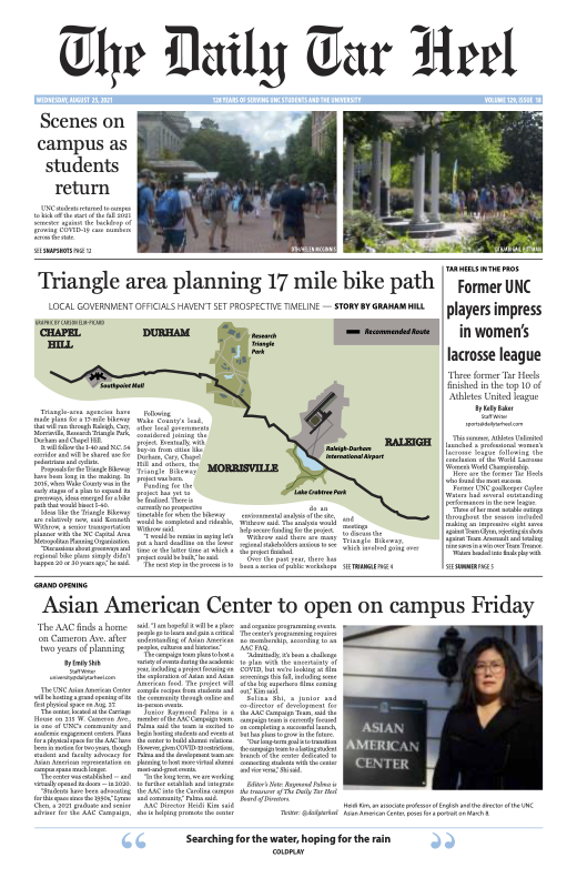 dailytarheel's tweet photo. The #FrontPage of this week's Daily Tar Heel: "Asian American Center to open on campus Friday"

Pick up your print edition in the blue boxes across Orange County later this morning. https://t.co/gxjCkmSBXC