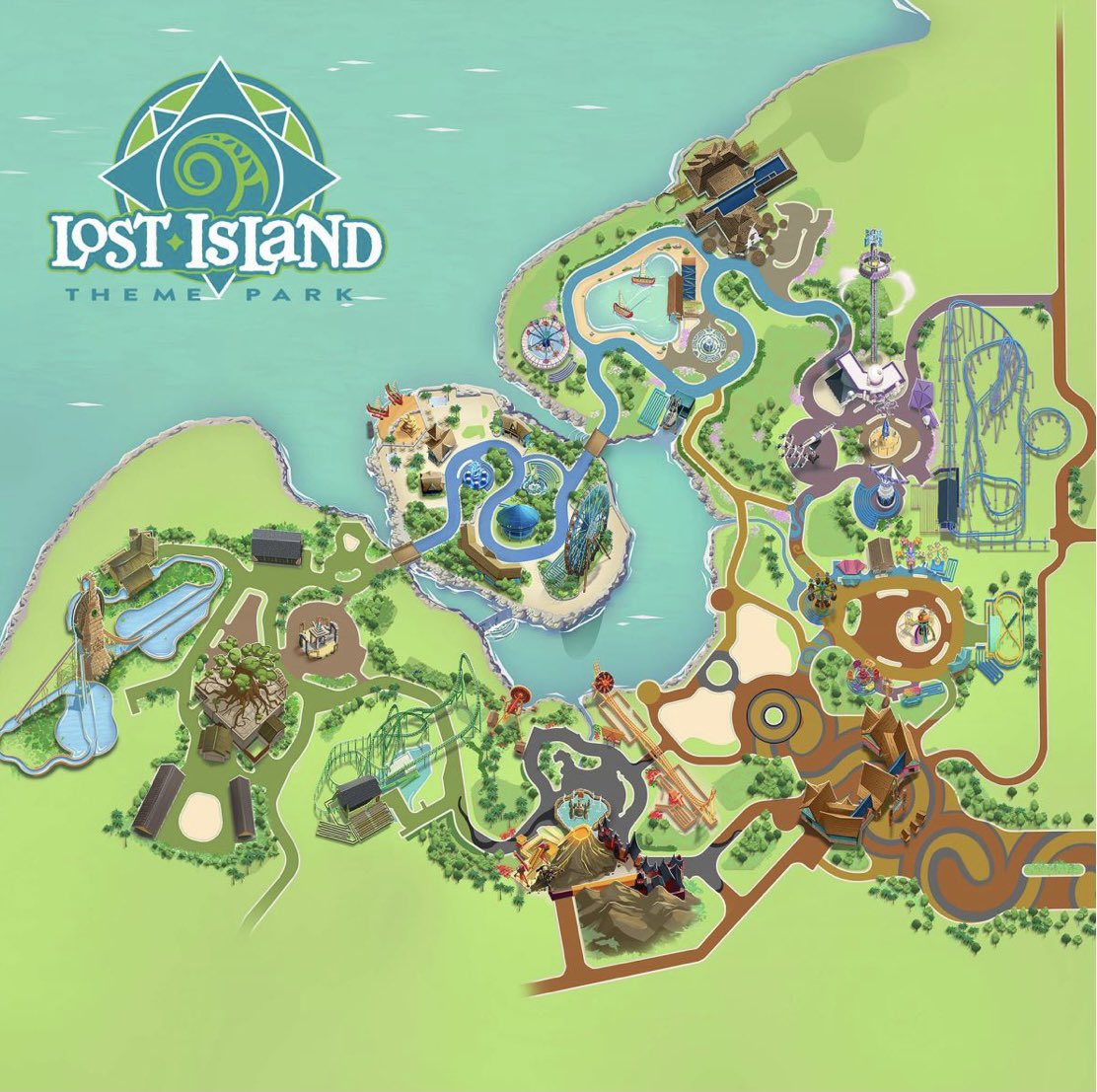 coasterfix's tweet image. The Lost Island Theme Park coming to Waterloo, IA next year just released a new park map. They also uploaded a video to their website revealing the name to each realm (land) of the park. Appears to be well themed.  thelostisland.com/lost-island-th…