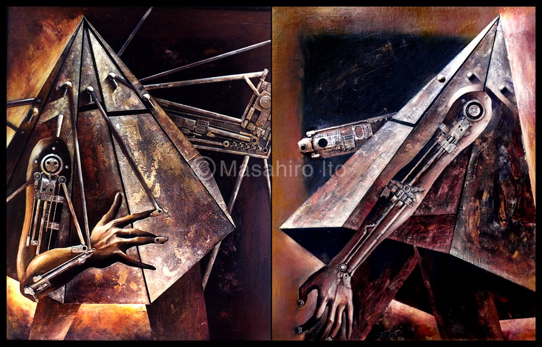 The inspirations to design Pyramid Head was this WW2 German tank (the left one) and Russian avant-garde. But I already knew that "Rammtiger" before I designed PH, so that might be one of inspirations. The design was based on the right image, tho. 