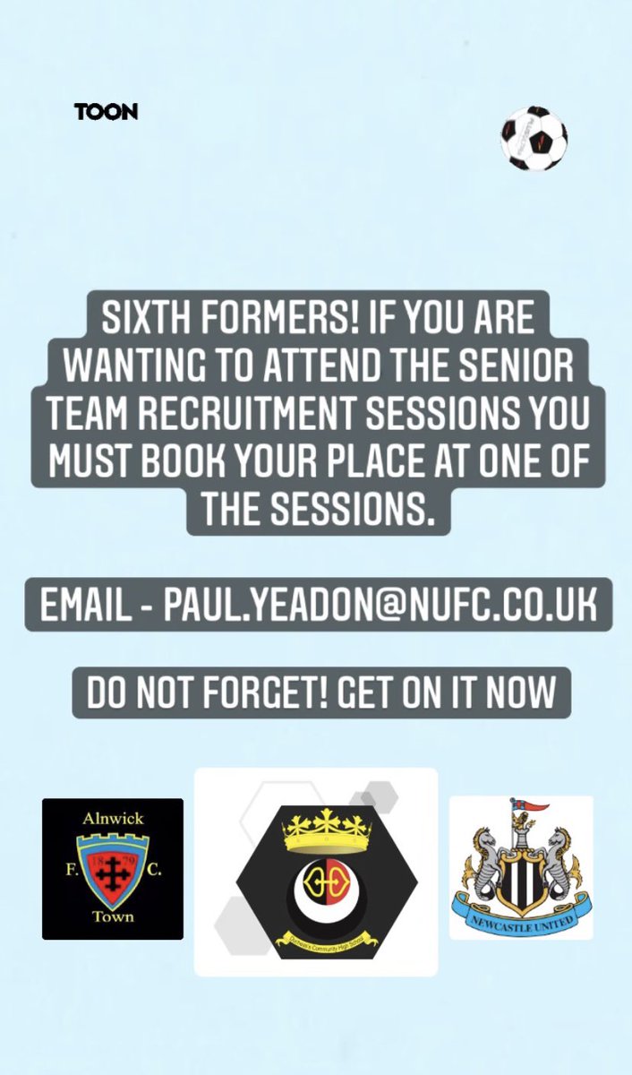 DCHS_PE (@dchs_pe) on Twitter photo REMINDER 🗣 DCHS Senior Football Team Recruitment Sessions ⚽️ Those interested must get in touch with Paul.Yeadon@NUFC.co.uk if they are wanting to attend #TeamDCHS #NUFC REMINDER 🗣 DCHS Senior Football Team Recruitment Sessions ⚽️ Those interested must get in touch with Paul.Yeadon@NUFC.co.uk if they are wanting to attend #TeamDCHS #NUFC