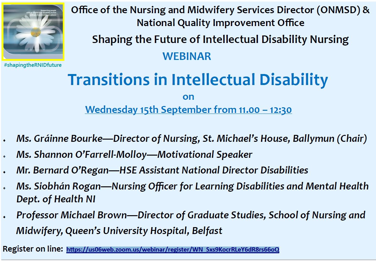 Webinar: Transitions in Intellectual Disability 15th September 11am - 12.30pm. To register: bit.ly/3zjXaeA @NMPDUCorkKerry @NMPDU_Ardee @nmpduwest @NMPDUNorthWest @NMPDDN @NMPDMidlands @NmpdDskw @NurMidONMSD @rcnme_se @MichelleWaldr19 @JudyRyan22 @LiamoJC