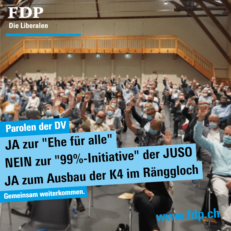 FDP_Luzern's tweet photo. Unsere Delegierten haben gestern an der DV in Willisau die Parolen für die Abstimmungen vom 26. September 2021 gefasst. Wir stimmen der "Ehe für alle" sowie dem Ausbau der K4 im Ränggloch zu und lehnen die schädliche "99%-Initiative" der Juso deutlich ab. https://t.co/jPuokqnkz0