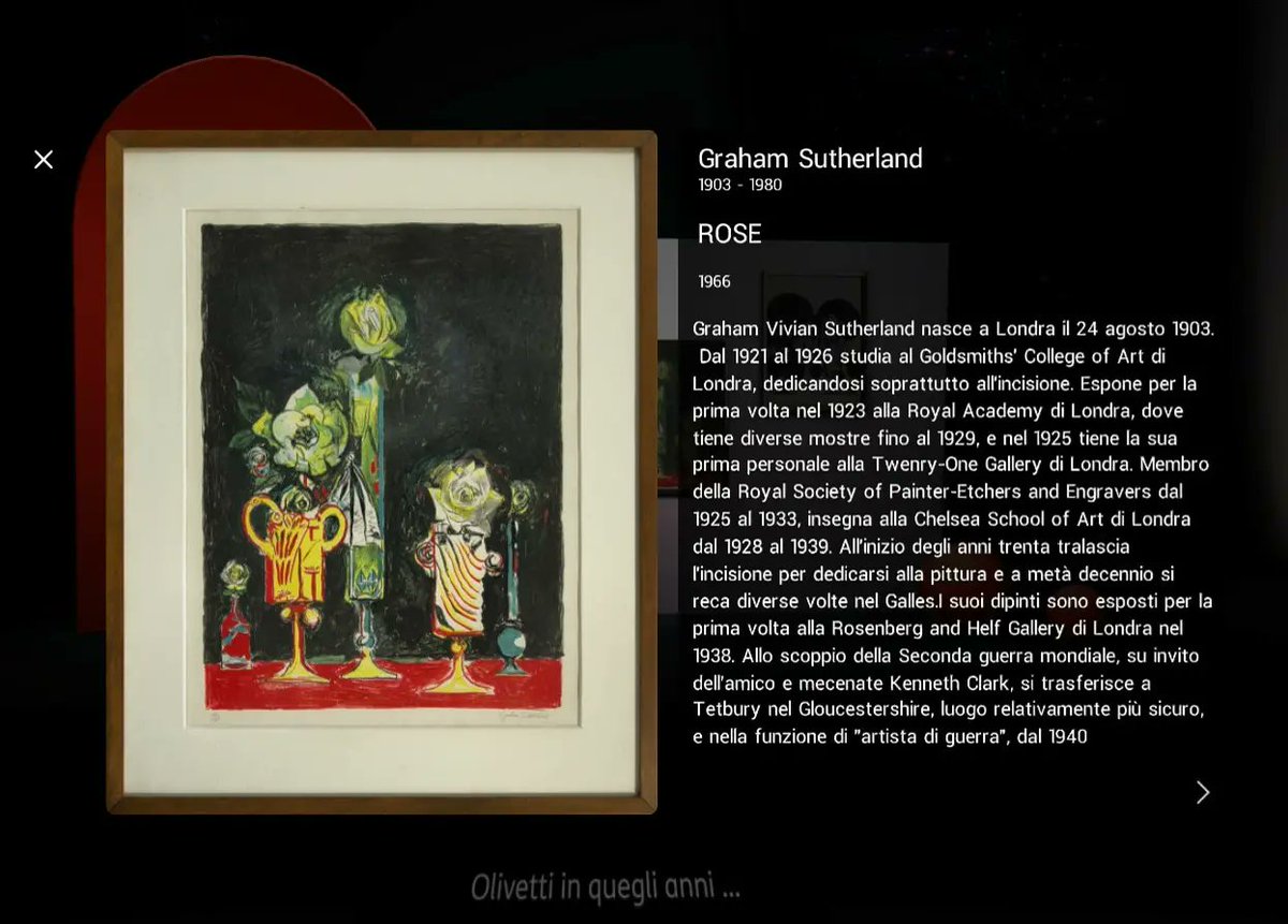 ArchOlivetti's tweet image. Tra i più originali del '900 inglese, #GrahamSutherland fa parte degli artisti presenti nella 1a mostra dedicata alla #CollezioneOlivetti 👨🏻🎨🇬🇧
Avete già provato la visita virtuale realizzata da @OlivettiOnline e @VectionTech❓🤩
👉🏽 bit.ly/CollezioneOliv…
#DesignMeetsTechnology