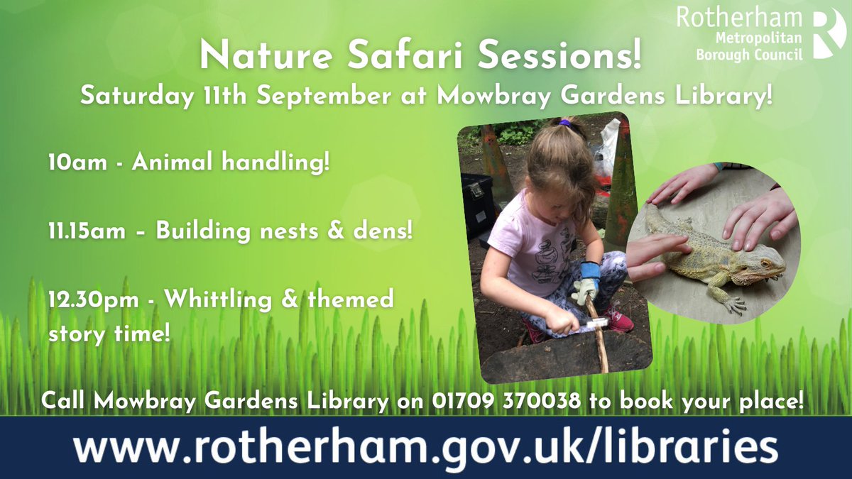 RothLibraries's tweet image. To round off the #SummerReadingChallenge, we&apos;ve got some fantastic #NatureSafari sessions at Mowbray Gardens on Saturday 11th September!

10am - Animal Handling
11.15am – Nests &amp;amp; Den Building
12.30pm - Whittling &amp;amp; Themed Storytime

Places are limited, so booking is essential.