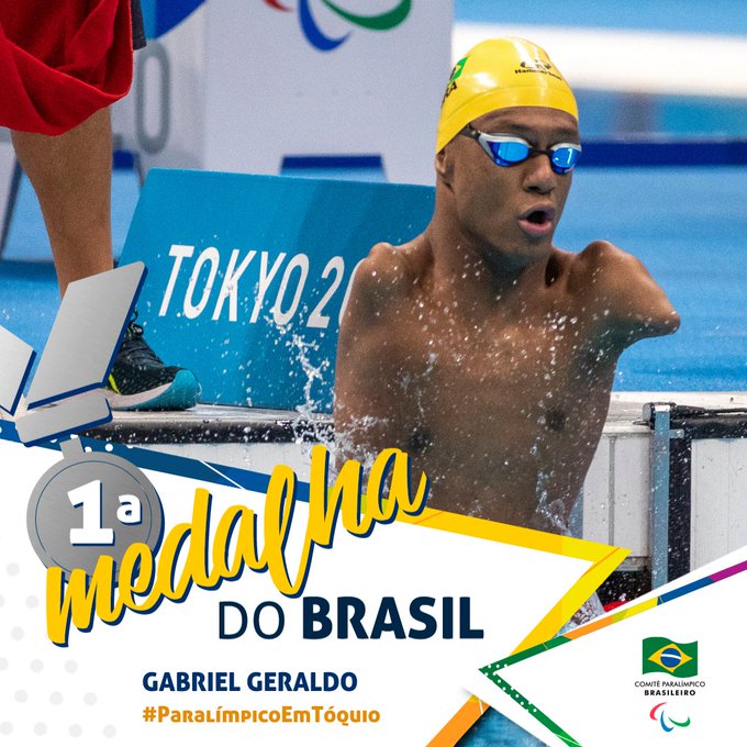 Card colorido com foto do Gabriel Geraldo e a ilustração dizendo que essa é a primeira medalha de prata do Brasil.