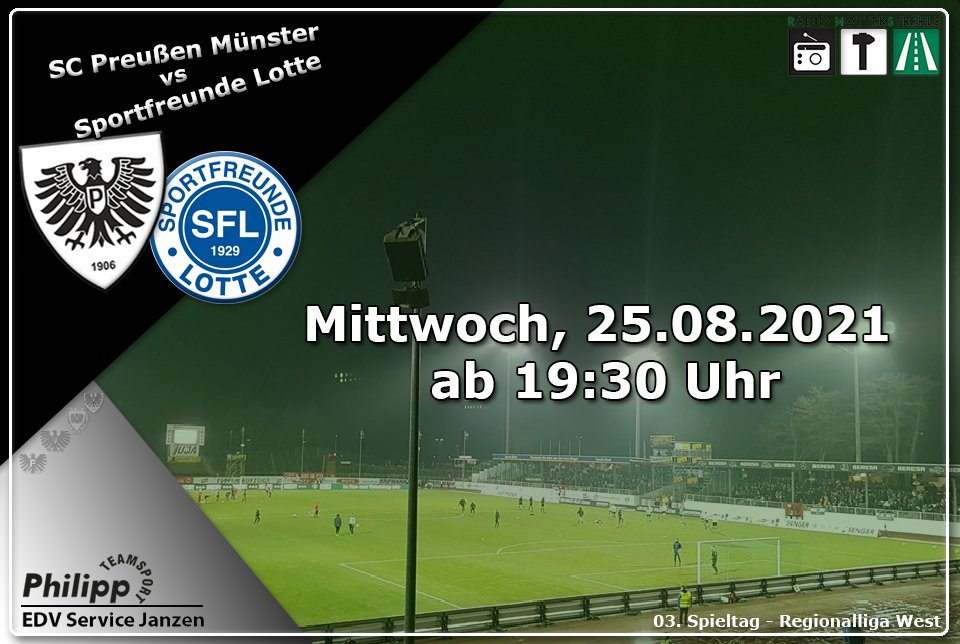 Um 19:30 Uhr geht es heute Abend weiter. Der SC <a href="/Preussen06/">SC Preußen Münster</a> #Münster empfängt die <a href="/SF_Lotte/">Sportfreunde Lotte</a> 

Wir sind vor Ort und übertragen das Spiel für Euch auf radioms.de

Schaltet ein!
#scpsfl #scp06 #regionalliga #regionalligawest #rms