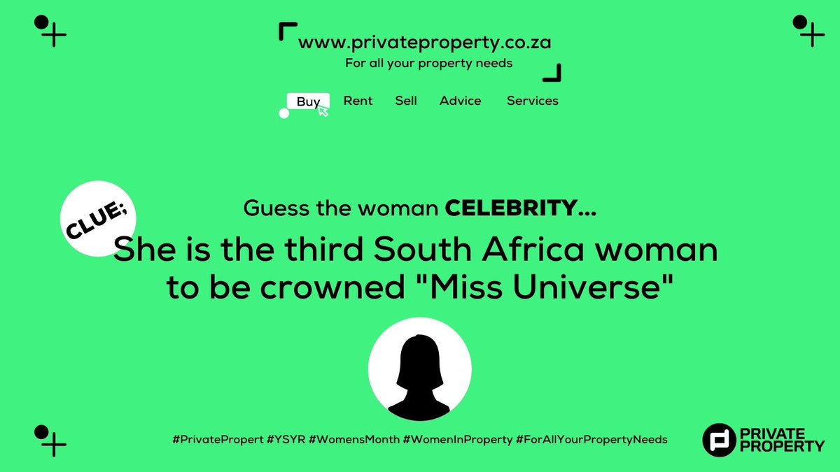 Guess the woman celebrity and WIN R500 cash. 
 
Use #PrivateProperty #YSYR #WomensMonth #WomenInProperty #ForAllYourPropertyNeeds 

*Winners selected randomly. The competition ENDS at Midnight TODAY.