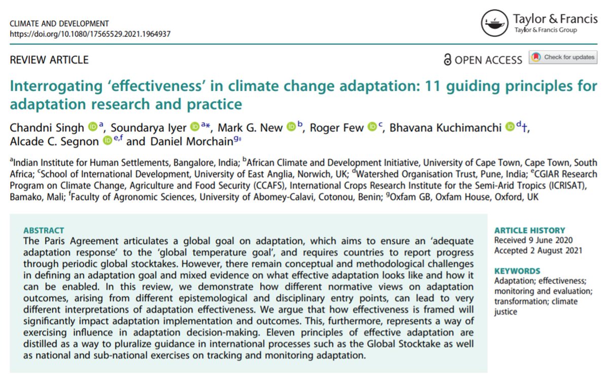 It's out & it's open access! Our paper on #adaptation effectiveness, 3 yrs in the making, wonderfully supported by @CollabAdapt @ASSARadapt Interrogating ‘effectiveness’ in climate change adaptation: 11 guiding principles for research and practice bit.ly/3mrGHl7