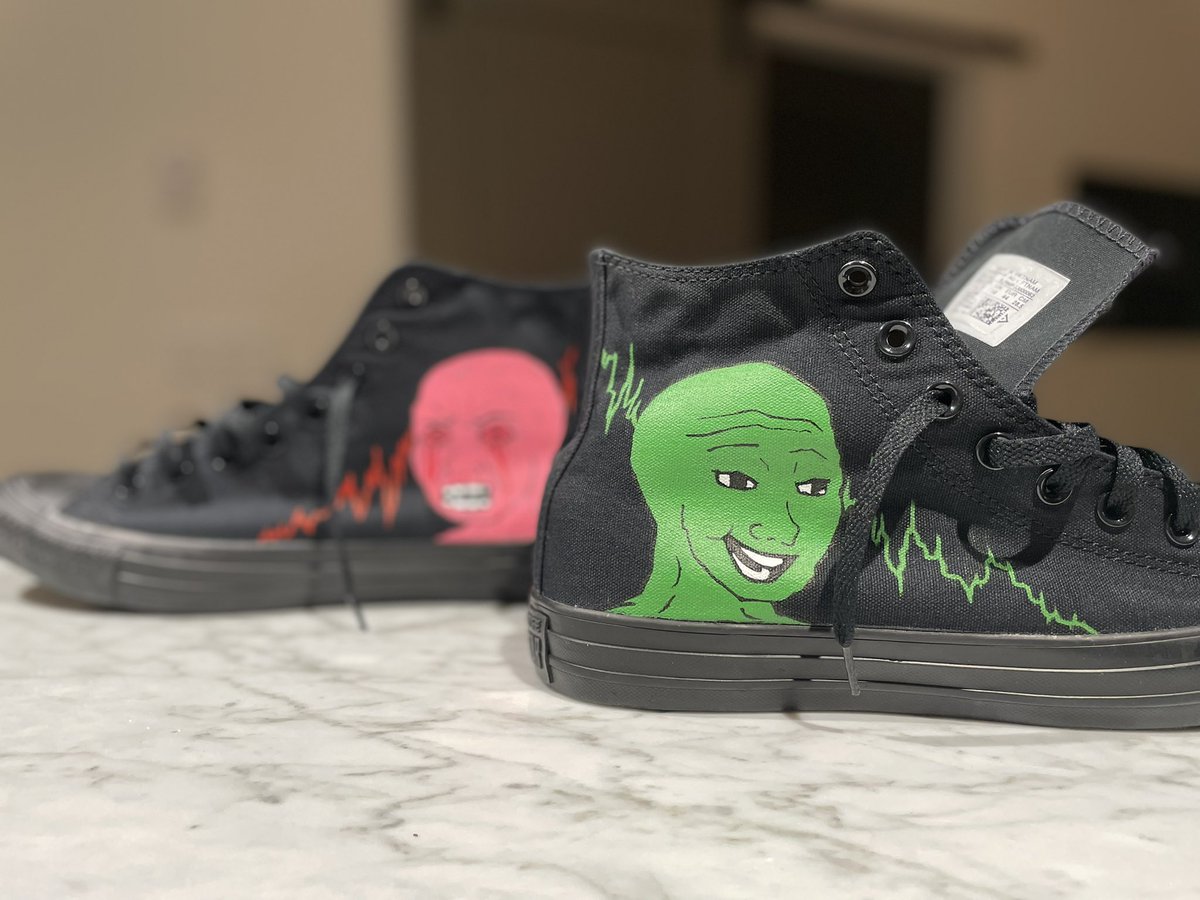 GeorgeSays123's tweet photo. In response to my degeneracy, my wife painted these Wojak Chucks to sell on Twitter. She holds no crypto at the moment but wants to accept it as payment for these. They're a men's size 10 and we'll ship world wide.  A retweet would be much appreciated. https://t.co/LUXUYygaop
