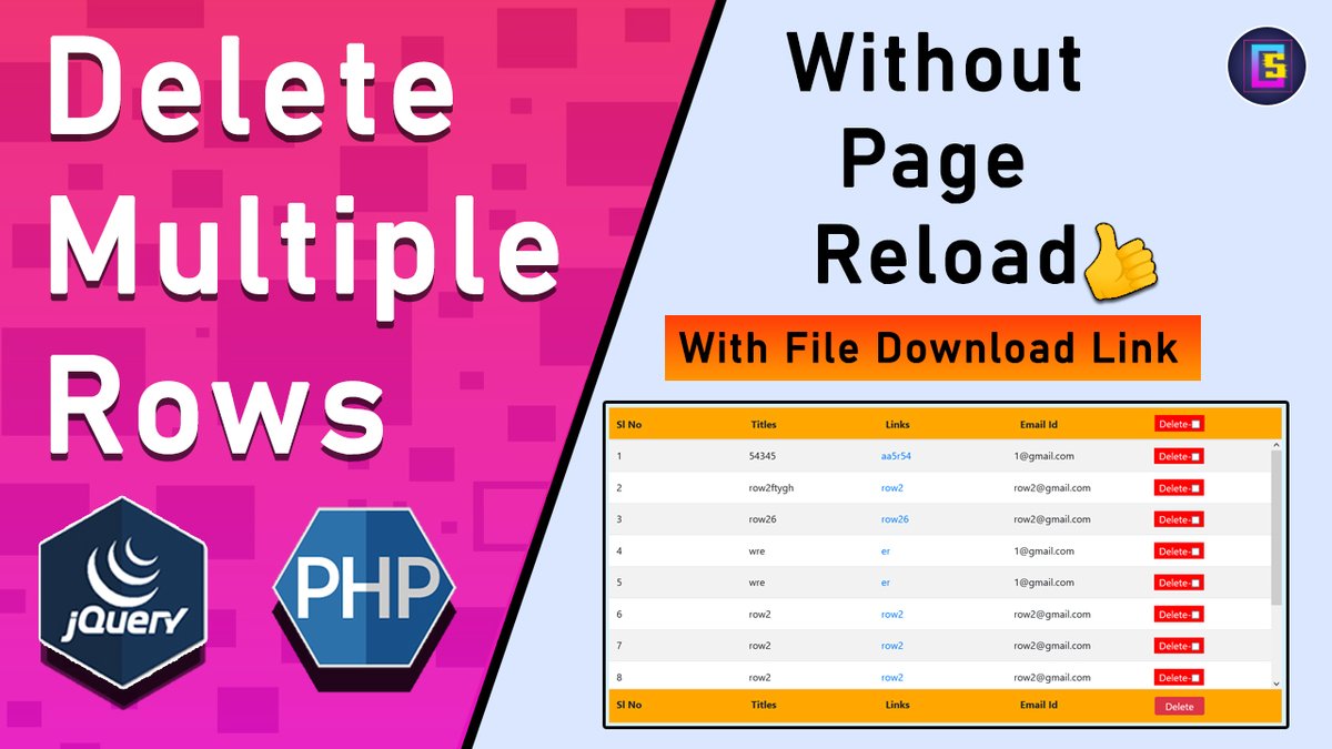 codingstudio_38's tweet image. How to delete multiple rows without page reload ? MULTIPLE ROW DELETE USING jQuery || 
youtu.be/T0Sp8q9w46A
@codingstudio_38 #codingstudio #programming #coding #trend #trending #Funnyvideo #technology #lifestyle #trendingvideos #trendreels  #latestupdates #education