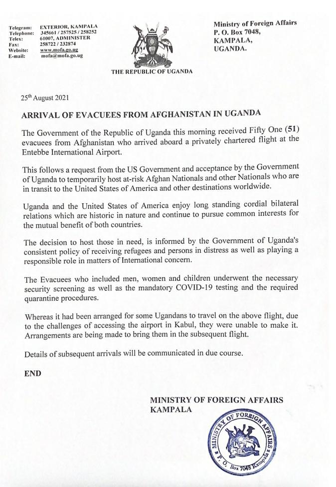 Arrival of Afghan Evacuees in Uganda