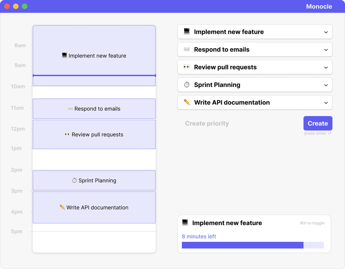 jordin_g's tweet photo. Introducing: Monocle 🧐

It's a simplified combo of..
✅ Todo List + ✏️ Daily Planner + 🕒 Pomodoro

It has a..
🪄 magic floating window (hide-able, draggable) to help you always keep an eye on your current focus

It'll be ready for you to try soon 😃⬇️
https://t.co/0vjdBkdC51 https://t.co/FaN7WrWMxr
