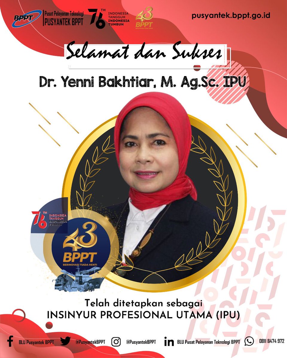PusyantekBRIN's tweet image. Selamat dan Sukses! kami hanturkan untuk Kepala Pusat Pelayanan Teknologi - Pusyantek BPPT, Bu Yenni Bakhtiar atas penganugerahan Insinyur Profesional Utama (IPU) BPPT, Solid, Smart, Speed.

#BPPTSolidSmartSpeed
#pusyantekbppt
#InovasiIndonesia
#teknologi