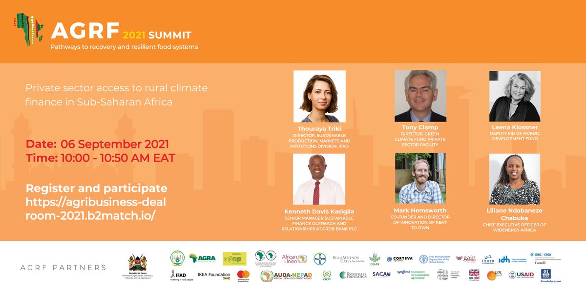 #SavetheDate 🗓️

Join us on 6th September 2021, at the Agribusiness #Dealroom, as we discuss how private sector can access rural climate finance in Sub-Saharan Africa.

Register &amp; be part of the conversation 👉🏽 bit.ly/2Wi8QQW