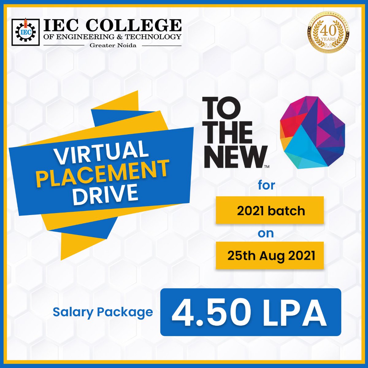'TO THE NEW'  𝗣𝗹𝗮𝗰𝗲𝗺𝗲𝗻𝘁 𝗗𝗿𝗶𝘃𝗲
'
'
#ieccollegegrnoida #Hiring #ieccollege #Placement #bpharma #pharmacy #admission #admissionsoprn #pharmaceutical #VirtualPlacementDrive #VirtualDrive #job #IECCOLLEG #CampusPlacement #PlacementDrive #Success #placement2021