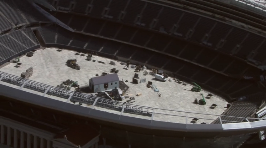 DMFcross's tweet photo. as usual lacking in imagination, kanye will be doing his next album showcase in a replica of his childhood home in a football stadium https://t.co/KrsPjRYAcj