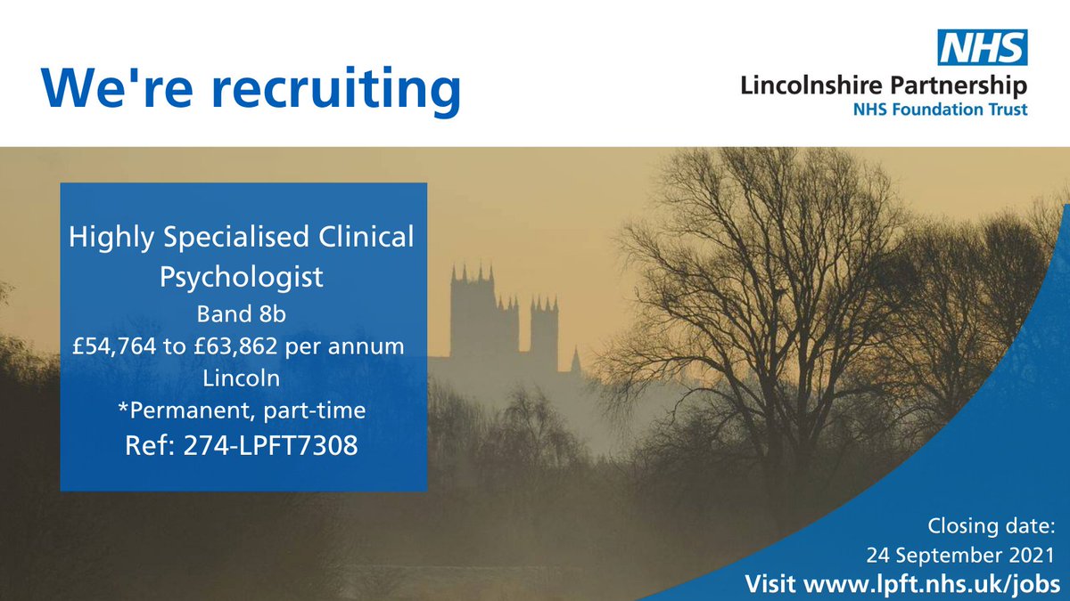 We are looking for a committed and dynamic Clinical Psychologist to provide psychological provision within the EIP Team.

The role is based in Lincoln, and the salary will range between £54,764 and £63,862 per annum. 

To find out more, click here - jobs.nhs.uk/xi/vacancy/916…