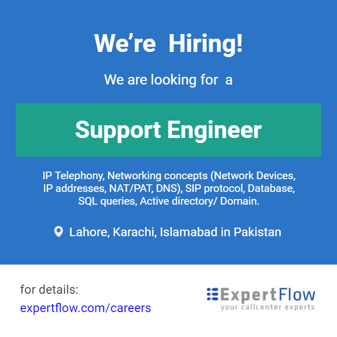 Expertflow's tweet image. Expertflow is looking for a Support Engineer for its offices in Pakistan.

Learn more: bit.ly/3yilMTP

#expertflow #nowhiring #supportengineer
