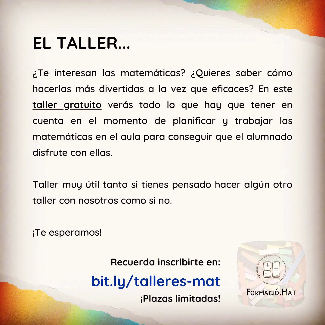 FormacioMat's tweet image. Taller online gratuito. Info del taller en foto 2. ¡Aprovecha esta oportunidad! Puedes inscribirte en: bit.ly/talleres-mat