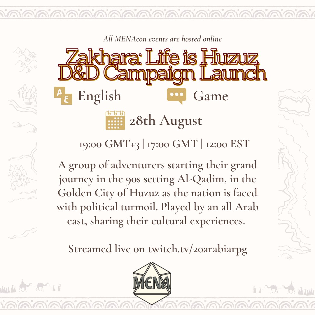 MenaTtrpg's tweet photo. Zakhara: Life is Huzuz (D&amp;D Campaign launch)
Aug 28th, 19:00 GMT+3 | 17:00 GMT | 12:00 EST

Sign up to get notified: https://t.co/frkgX6weAc

A group of adventurers starting their grand journey in the 90s setting Al-Qadim, in the Golden City of Huzuz.
#dnd #ttrpg #menattrpg https://t.co/jJ7bHHX8rW