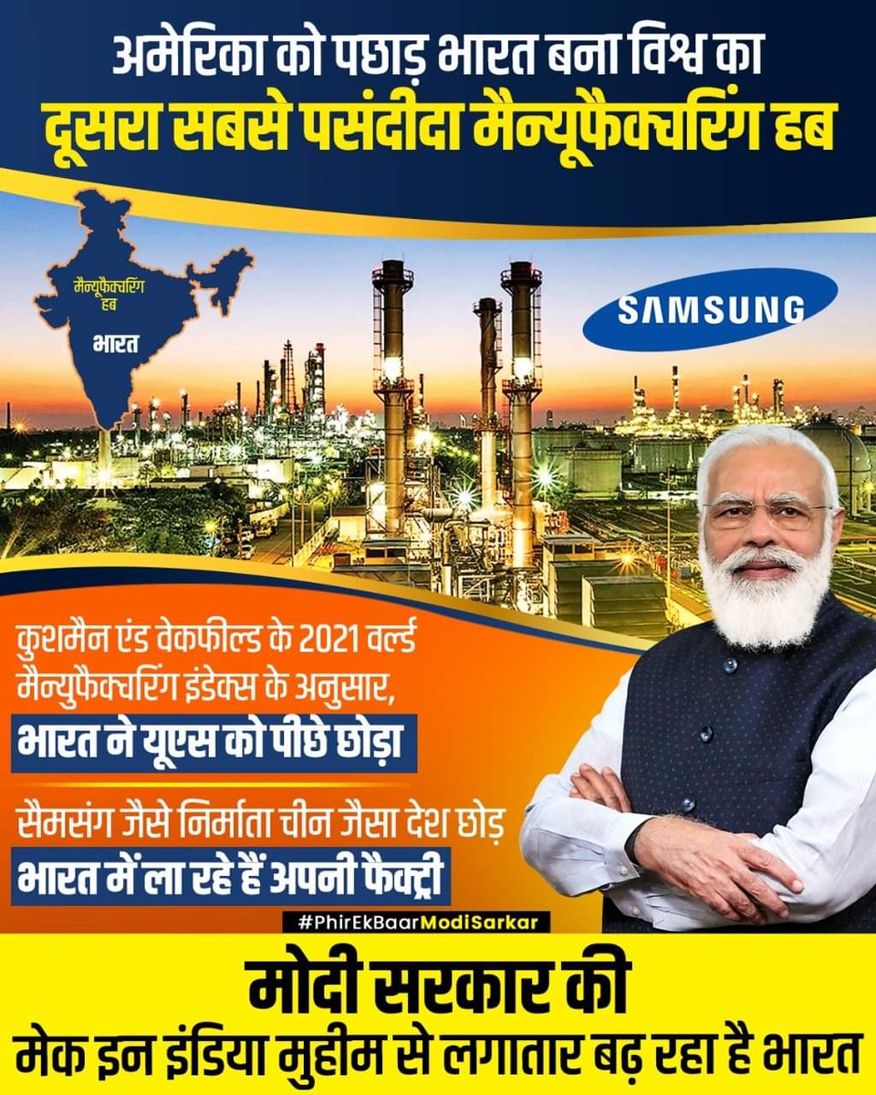 galabhupesh's tweet photo. @manoj_kotak @narendramodi ❇India emerges 2nd most Attractive Manufacturing Hub Globally overtaking US,as per report of #Cushman &amp; #Wakefield’s 2021 #GlobalManufacturingIndex
❇All this because of Friendly Manufacturing Conditions &amp; Decisions by @narendramodi Govt
#MakeInIndia
#AtmaNirbharBharat #ModiNiti https://t.co/44DbPdOSBL