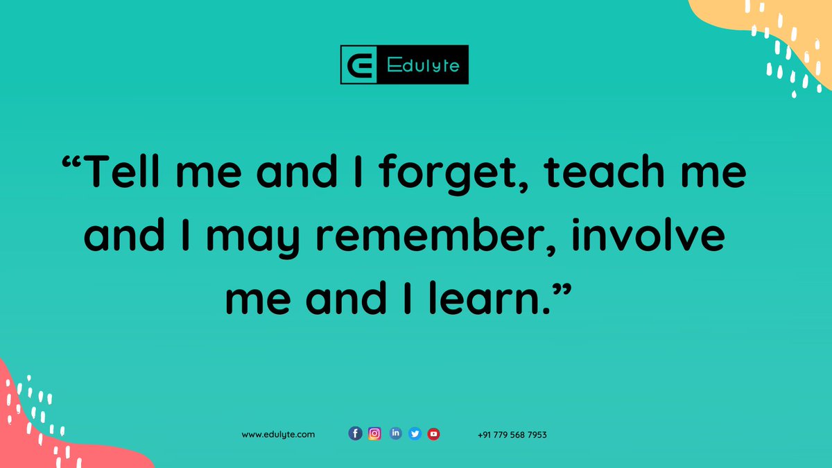 edulyte's tweet photo. Quote of the day - “Tell me and I forget, teach me and I may remember, involve me and I learn.” ― Benjamin Franklin
#learnwithedulyte #wednesdaymotivations #wednesdaymood #wednesdaymorning #wednesdaythought #wednesdayquote #wednesdayvibes #wednesdaychallenge #inspirationalquote https://t.co/Ji5EnVbDRZ