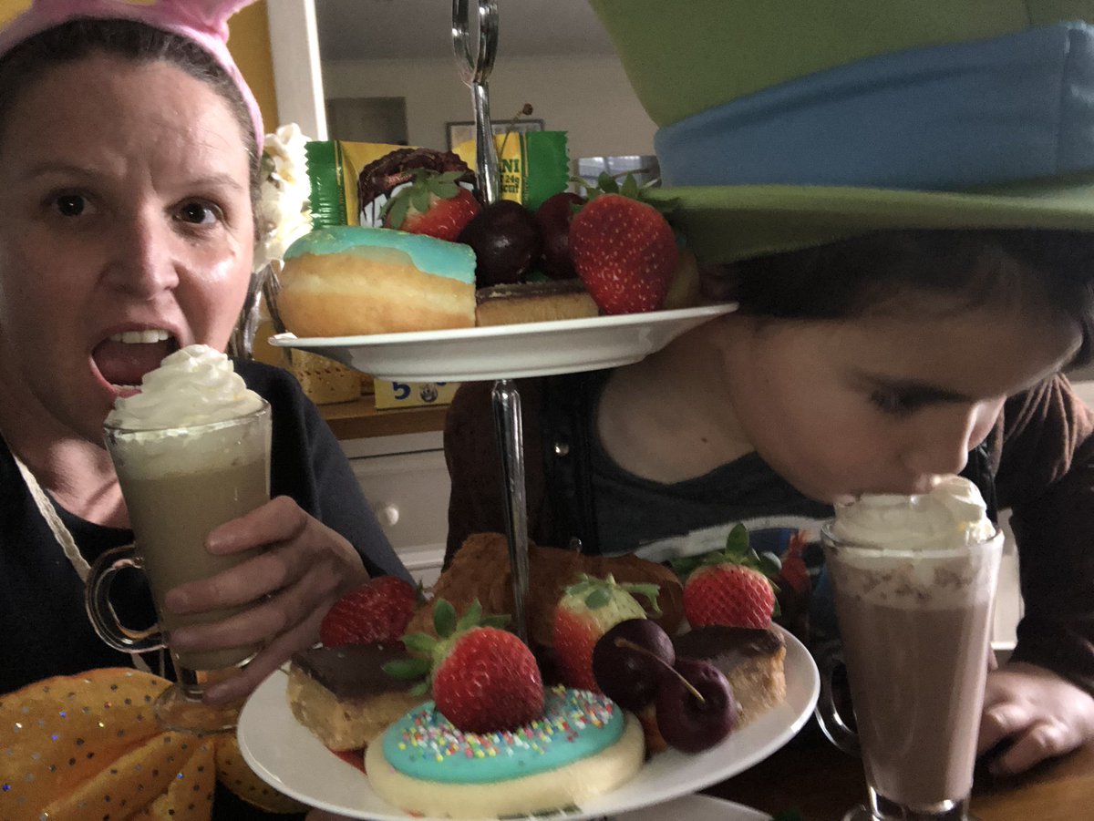 82Krisw's tweet image. Book week in lock down and we are going mad!!! Since there is no place but home… we decided to have a Mad Hatters Tea Party! #bookweek2021 #lockdownfun #remotelearningcanbefun #weareteacherswevegotthis #teachergonemad @NSWEducation