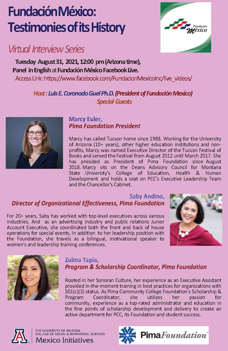 FundMex's tweet photo. Don't miss our next virtual session on 8/31/21 interviewing our partners of @PimaFoundation ! We will talk about our scholarship programs to help #hispanic #Mexican and #MexicanAmerican students! Our special guests are wonderful! https://t.co/nY05GlcN7b