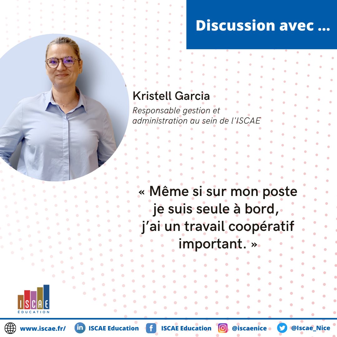 Kristell Garcia, responsable gestion et administration au sein de l’ISCAE depuis maintenant près de 3ans vous raconte ses missions au quotidien, ses motivations et son expérience du télétravail 👩‍💻 

👉 Un portrait autant intéressant qu’inspirant que vous trouverez sur notre site.