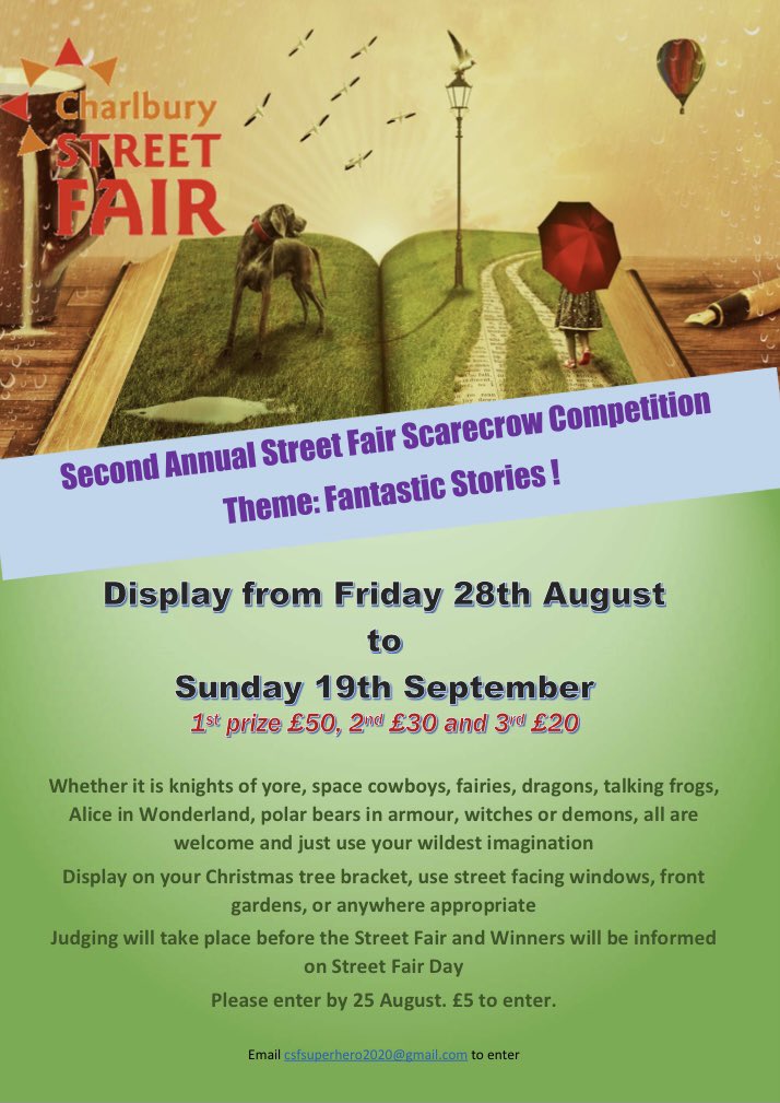 CharlStreetFair's tweet photo. With the weather being nicer for the next few days, why not get outside and use your imagination to create a scarecrow for our ‘Fantastic Stories’ themed Scarecrow competition. 
All the details are here - we can’t wait to see what you create! https://t.co/dz1J3eRHdy