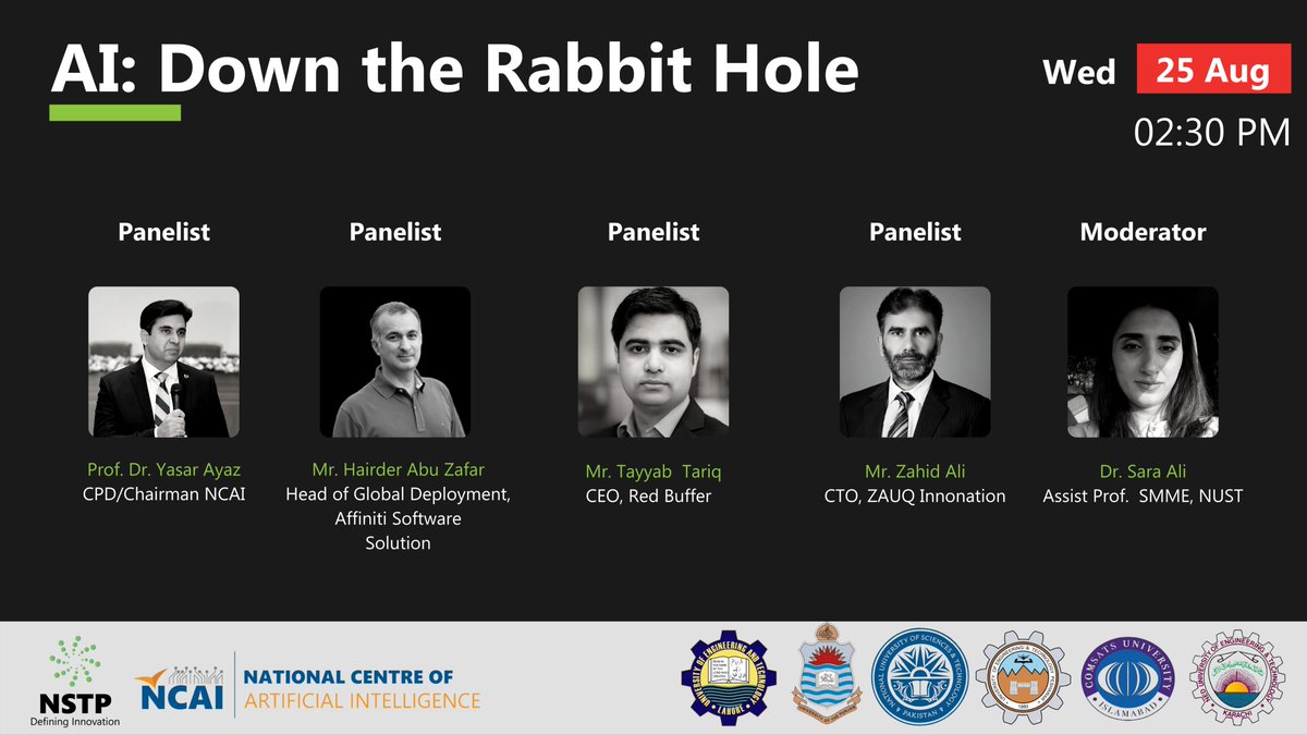 nstpofficial's tweet image. AI is becoming a major player in Digital Transformation and its significance cannot be ignored. NSTP and @NIslamab  are bringing a panel discussion on AI called &apos;AI: Down the Rabbit Hole&apos;.The event will be taking place at the NSTP auditoruim.  @SciDipPak