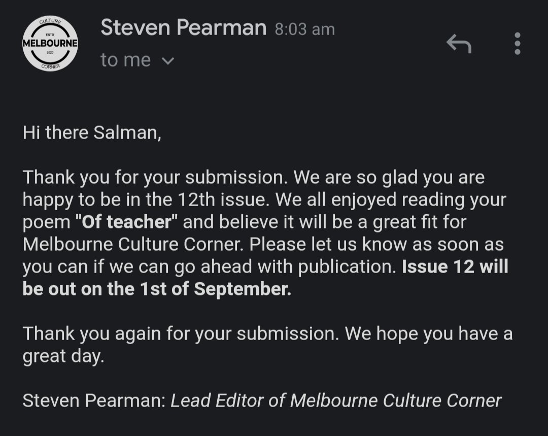 salmansowdagar's tweet photo. One of my poems found a home in the Melbourne-run literary magazine @melbculturelit Melbourne Culture Corner. The Issue featuring my poem will be out on the 1st September. https://t.co/uwP24vhS44